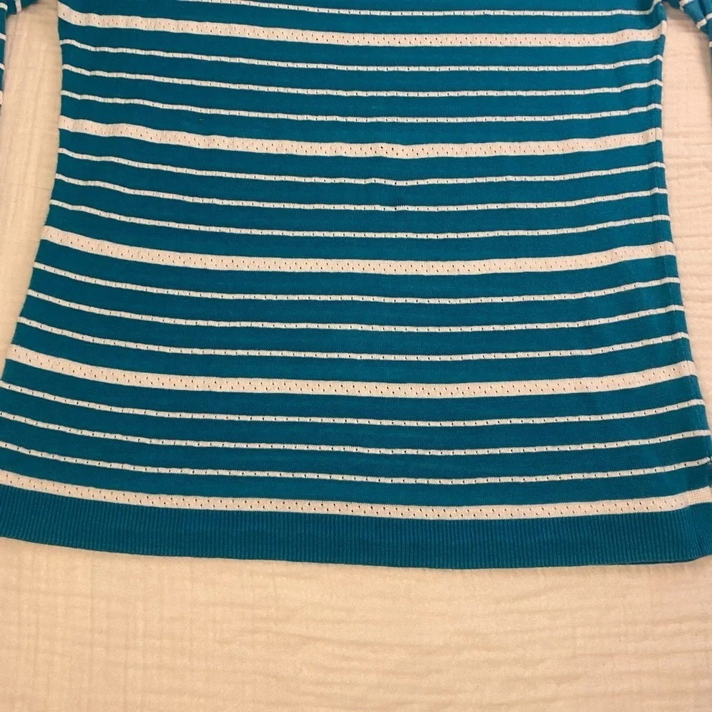 Talbots Sweater Shirt Teal Striped Linen Blend 3/4 Length Medium Petite Coastal - Picture 7 of 16